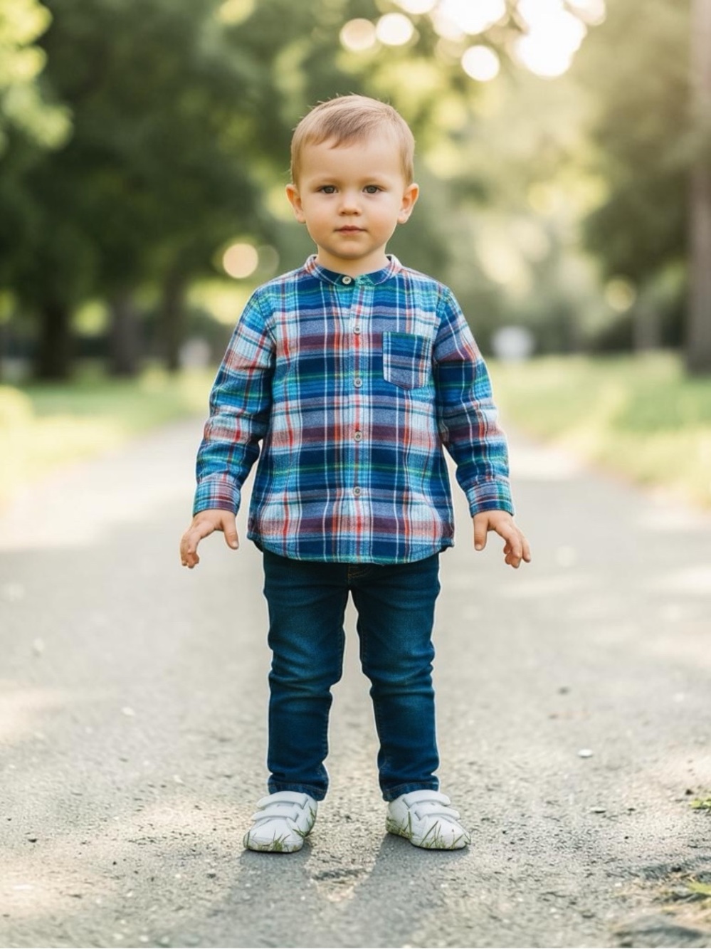 Bonton Boys Blue Plaid Button-Down Shirt Made in France Size 3T